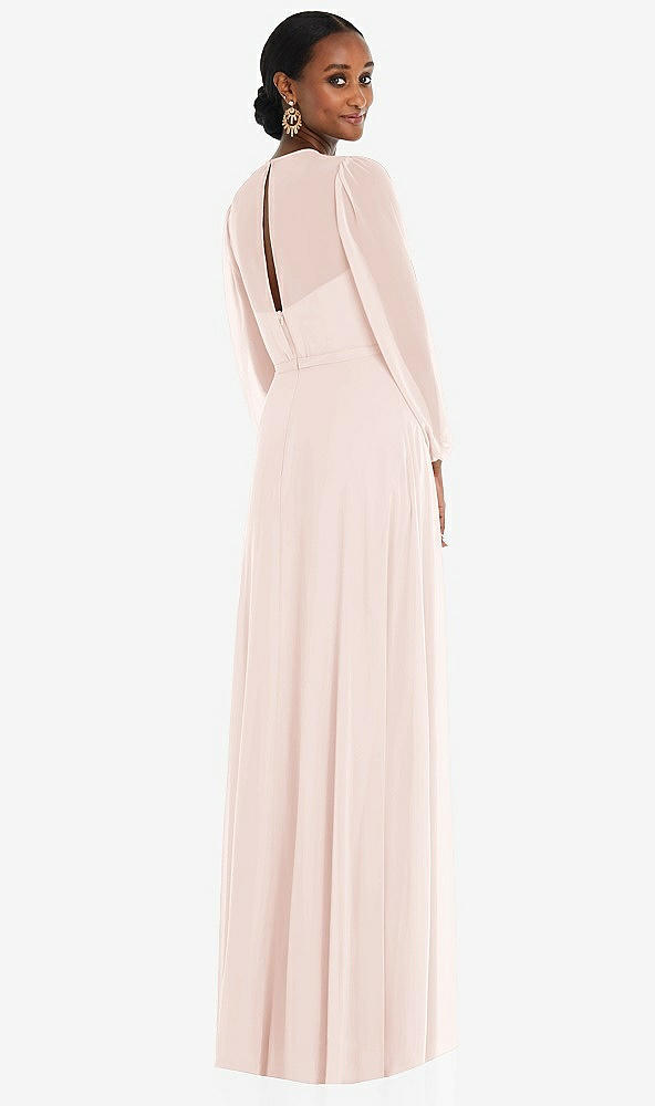 Back View - Blush Strapless Chiffon Maxi Dress with Puff Sleeve Blouson Overlay 