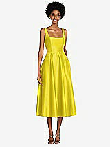 Front View Thumbnail - Citrus Square Neck Full Skirt Satin Midi Dress with Pockets