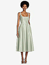 Front View Thumbnail - Celadon Square Neck Full Skirt Satin Midi Dress with Pockets