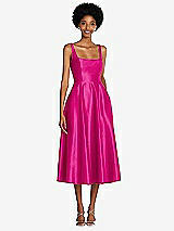 Front View Thumbnail - Think Pink Square Neck Full Skirt Satin Midi Dress with Pockets