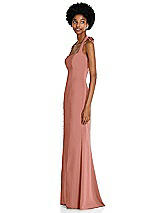 Side View Thumbnail - Desert Rose Tie Halter Open Back Trumpet Gown 