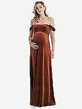 Front View Thumbnail - Auburn Moon Off-the-Shoulder Flounce Sleeve Velvet Maternity Dress