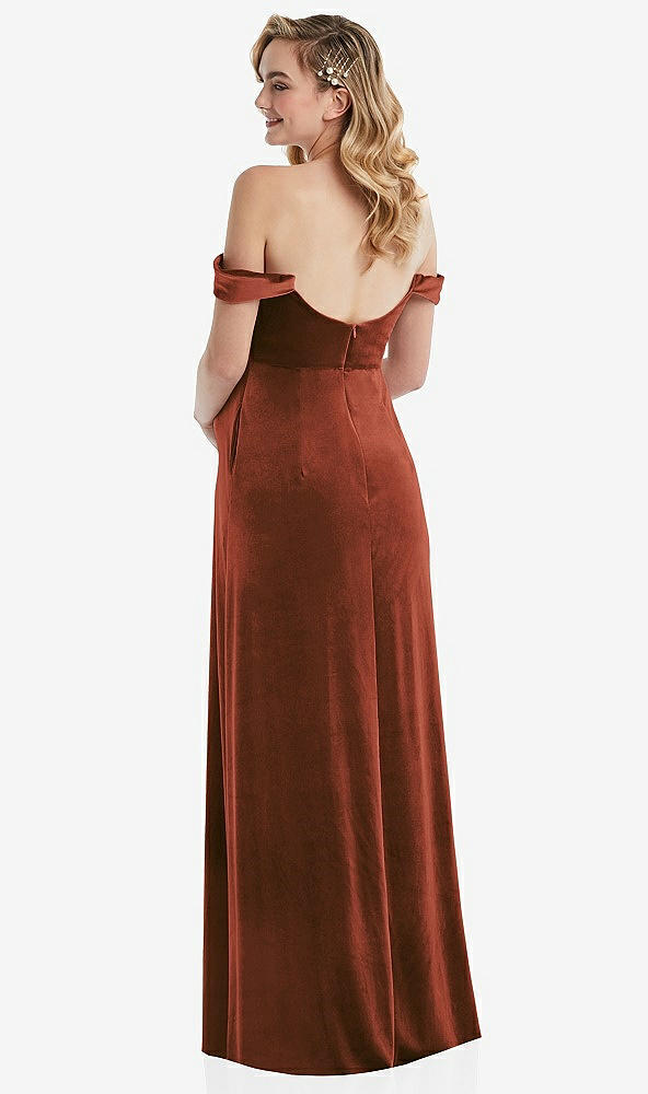 Back View - Auburn Moon Off-the-Shoulder Flounce Sleeve Velvet Maternity Dress