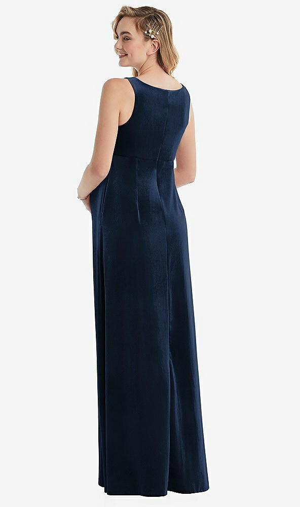 Back View - Midnight Navy V-Neck Closed-Back Velvet Maternity Dress with Pockets