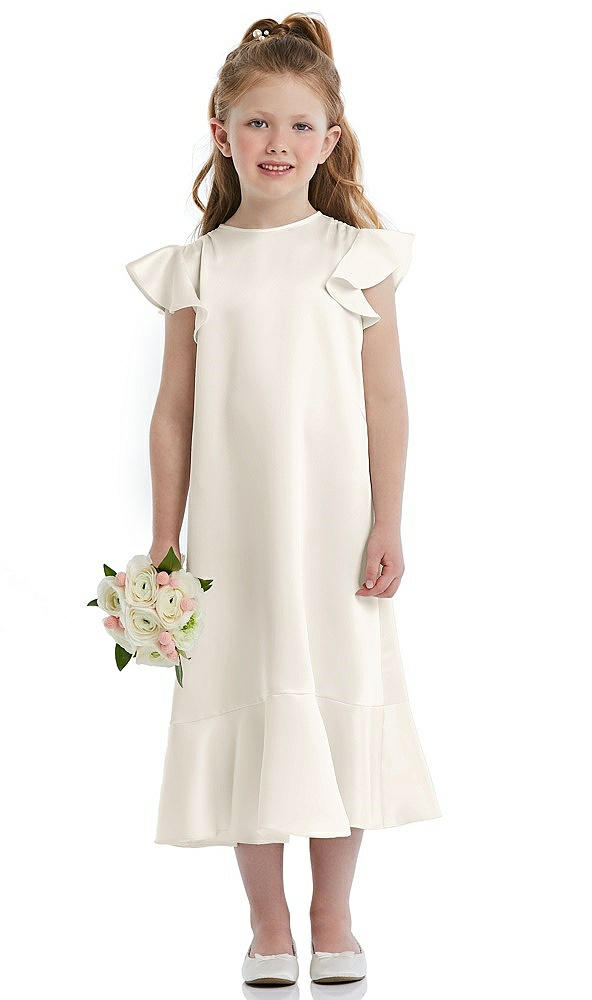 Front View - Ivory Flutter Sleeve Ruffle-Hem Satin Flower Girl Dress