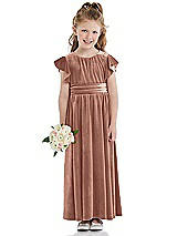 Front View Thumbnail - Tawny Rose Ruched Flutter Sleeve Velvet Flower Girl Dress with Sash