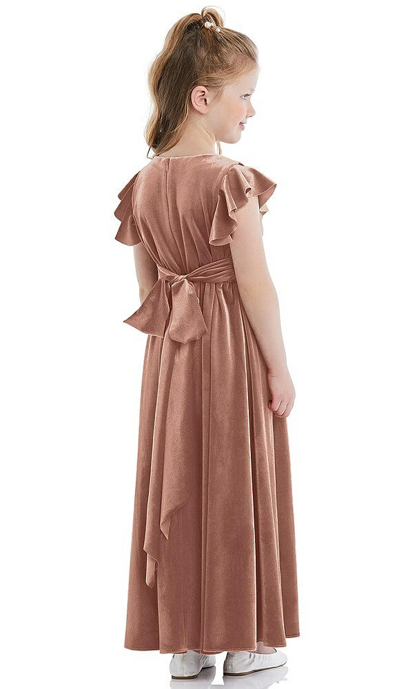 Back View - Tawny Rose Ruched Flutter Sleeve Velvet Flower Girl Dress with Sash