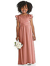 Front View Thumbnail - Desert Rose Ruffle Flutter Sleeve Whisper Satin Flower Girl Dress