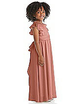 Side View Thumbnail - Desert Rose Ruffle Flutter Sleeve Whisper Satin Flower Girl Dress