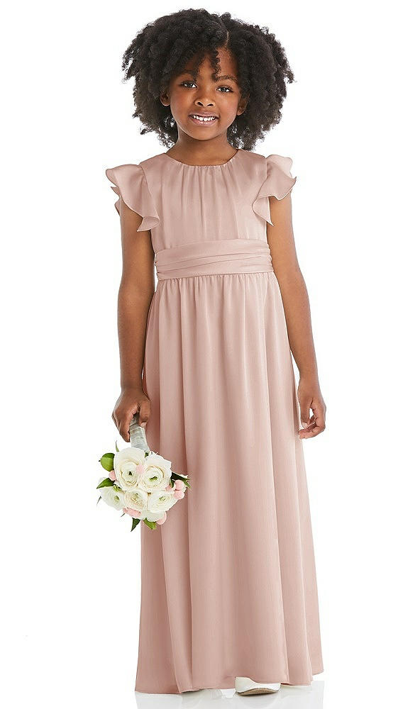 Front View - Toasted Sugar Ruffle Flutter Sleeve Whisper Satin Flower Girl Dress