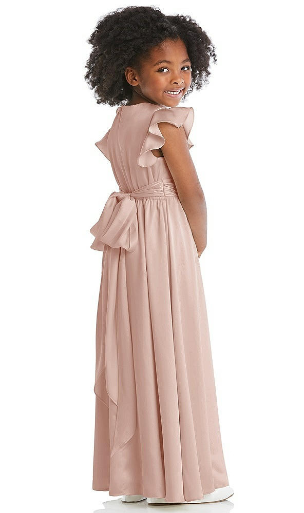 Back View - Toasted Sugar Ruffle Flutter Sleeve Whisper Satin Flower Girl Dress