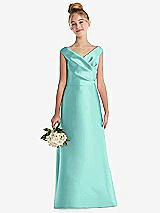 Front View Thumbnail - Coastal Off-the-Shoulder Draped Wrap Satin Junior Bridesmaid Dress