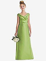 Front View Thumbnail - Mojito Off-the-Shoulder Draped Wrap Satin Junior Bridesmaid Dress