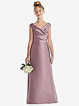 Front View Thumbnail - Dusty Rose Off-the-Shoulder Draped Wrap Satin Junior Bridesmaid Dress