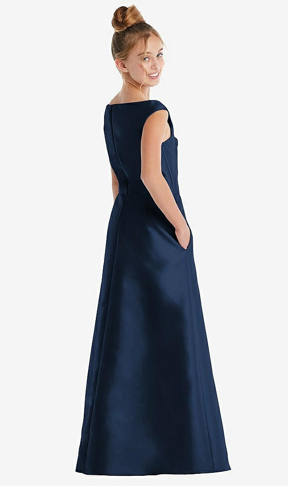 Back View - Midnight Navy Off-the-Shoulder Draped Wrap Satin Junior Bridesmaid Dress