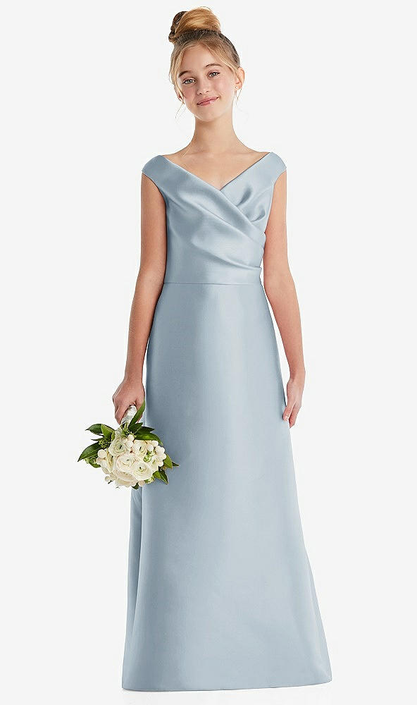 off-the-shoulder draped wrap satin junior bridesmaid dress