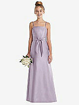 Front View Thumbnail - Lilac Haze Spaghetti Strap Satin Junior Bridesmaid Dress with Mini Sash