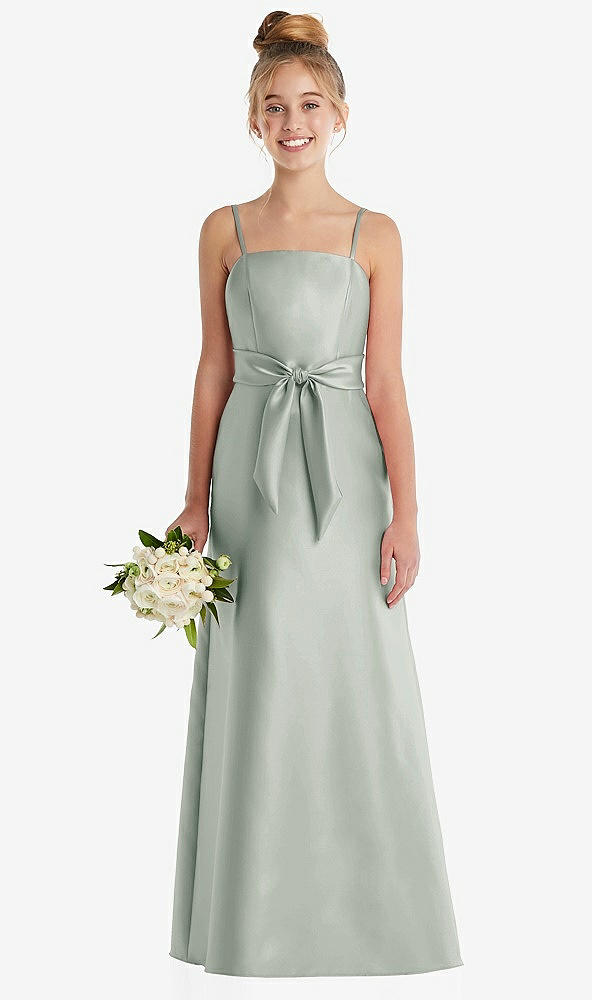 Front View - Willow Green Spaghetti Strap Satin Junior Bridesmaid Dress with Mini Sash