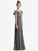 Side View Thumbnail - Caviar Gray Flutter Sleeve Tie Back Velvet Junior Bridesmaid Dress