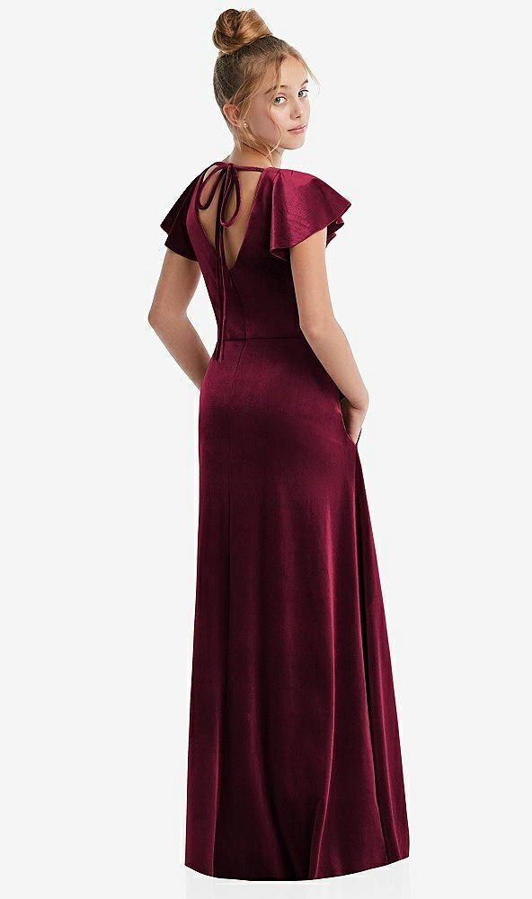 Back View - Cabernet Flutter Sleeve Tie Back Velvet Junior Bridesmaid Dress