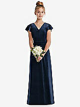 Front View Thumbnail - Midnight Navy Flutter Sleeve Tie Back Velvet Junior Bridesmaid Dress