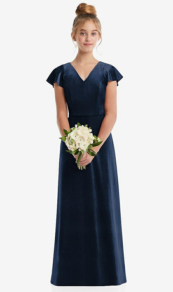 Front View - Midnight Navy Flutter Sleeve Tie Back Velvet Junior Bridesmaid Dress