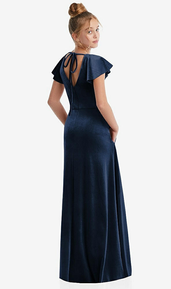 Back View - Midnight Navy Flutter Sleeve Tie Back Velvet Junior Bridesmaid Dress