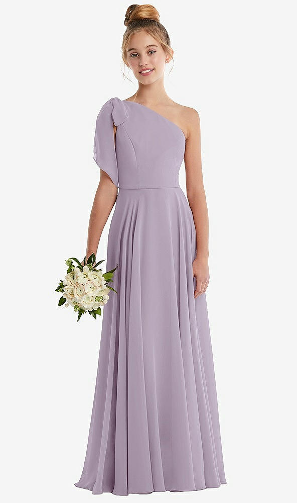 Front View - Lilac Haze One-Shoulder Scarf Bow Chiffon Junior Bridesmaid Dress