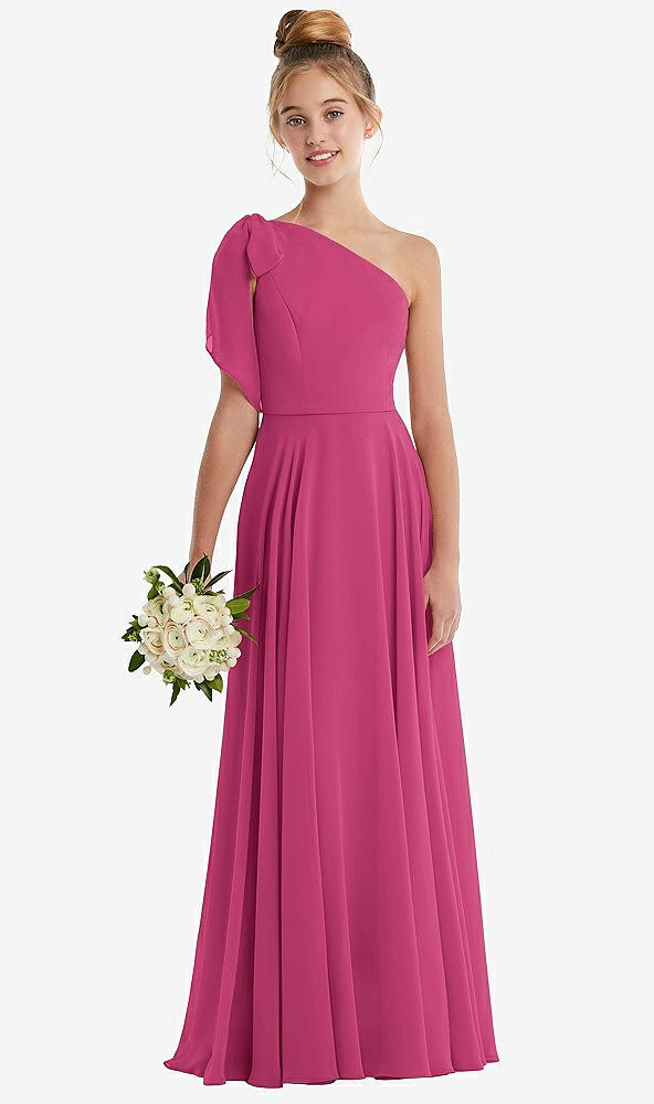 Front View - Tea Rose One-Shoulder Scarf Bow Chiffon Junior Bridesmaid Dress