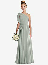 Front View Thumbnail - Willow Green One-Shoulder Scarf Bow Chiffon Junior Bridesmaid Dress