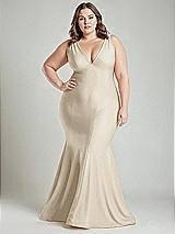 Alt View 2 Thumbnail - Champagne Shirred Shoulder Stretch Satin Mermaid Dress with Slight Train