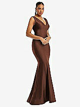 Alt View 1 Thumbnail - Cognac Shirred Shoulder Stretch Satin Mermaid Dress with Slight Train