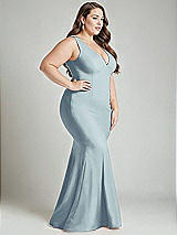 Alt View 3 Thumbnail - Mist Shirred Shoulder Stretch Satin Mermaid Dress with Slight Train