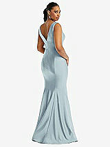 Rear View Thumbnail - Mist Shirred Shoulder Stretch Satin Mermaid Dress with Slight Train