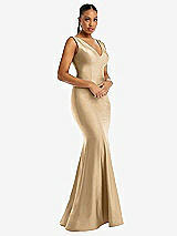 Alt View 1 Thumbnail - Soft Gold Shirred Shoulder Stretch Satin Mermaid Dress with Slight Train