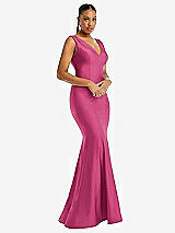 Alt View 1 Thumbnail - Tea Rose Shirred Shoulder Stretch Satin Mermaid Dress with Slight Train