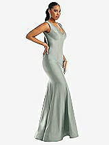 Side View Thumbnail - Willow Green Shirred Shoulder Stretch Satin Mermaid Dress with Slight Train