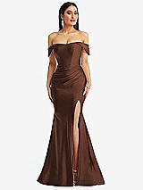 Alt View 1 Thumbnail - Cognac Off-the-Shoulder Corset Stretch Satin Mermaid Dress with Slight Train