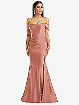 Alt View 1 Thumbnail - Desert Rose Off-the-Shoulder Corset Stretch Satin Mermaid Dress with Slight Train