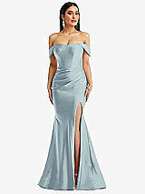 Alt View 1 Thumbnail - Mist Off-the-Shoulder Corset Stretch Satin Mermaid Dress with Slight Train