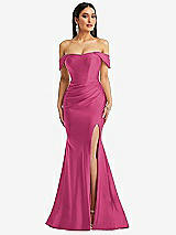 Alt View 1 Thumbnail - Tea Rose Off-the-Shoulder Corset Stretch Satin Mermaid Dress with Slight Train