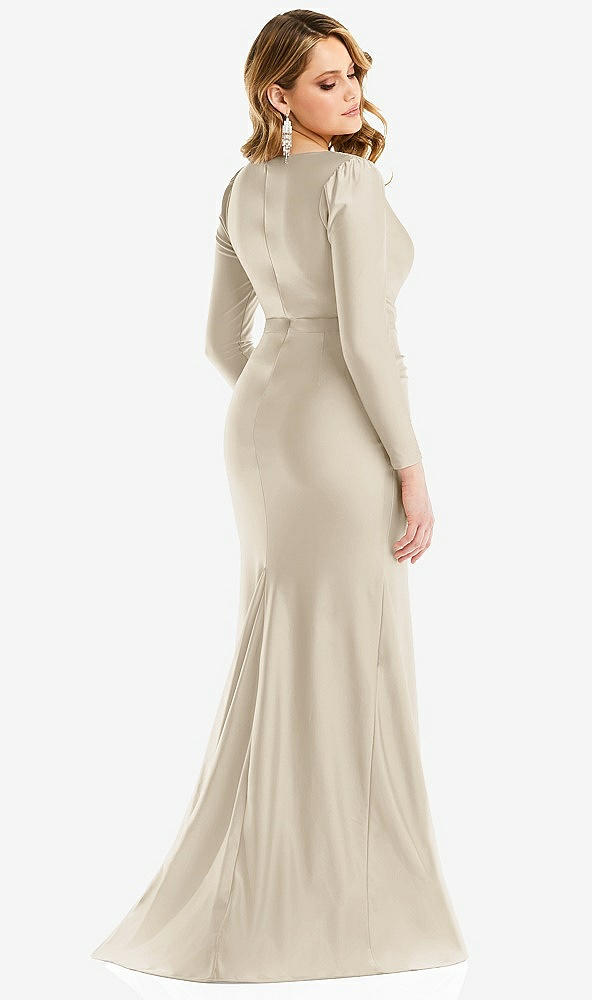 Back View - Champagne Long Sleeve Draped Wrap Stretch Satin Mermaid Dress with Slight Train