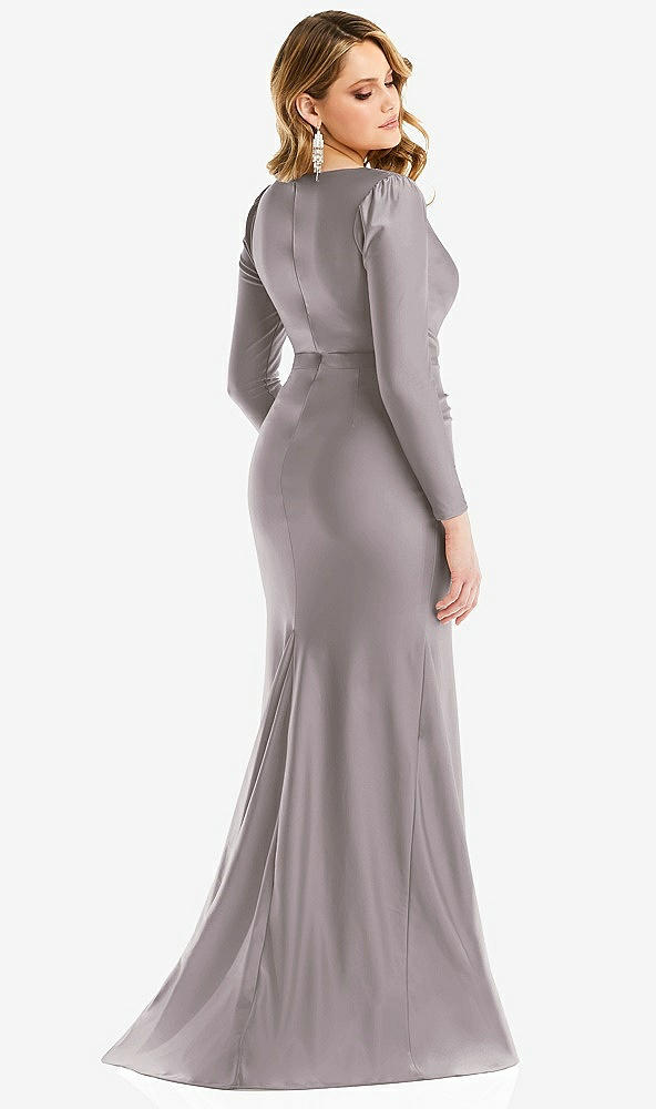 Back View - Cashmere Gray Long Sleeve Draped Wrap Stretch Satin Mermaid Dress with Slight Train