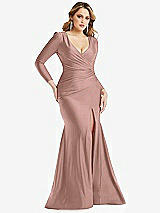 Front View Thumbnail - Neu Nude Long Sleeve Draped Wrap Stretch Satin Mermaid Dress with Slight Train