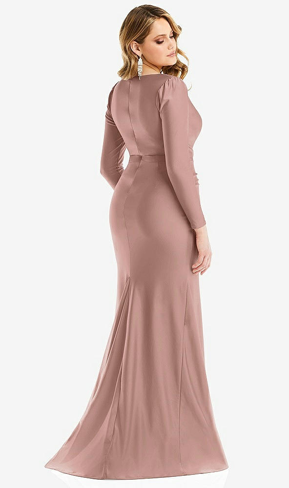 Back View - Neu Nude Long Sleeve Draped Wrap Stretch Satin Mermaid Dress with Slight Train