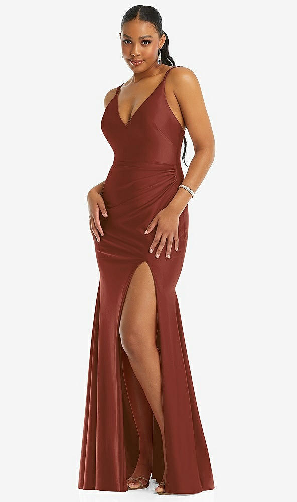 Front View - Auburn Moon Deep V-Neck Stretch Satin Mermaid Dress with Slight Train