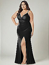 Alt View 1 Thumbnail - Black Deep V-Neck Stretch Satin Mermaid Dress with Slight Train