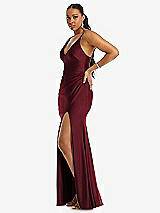 Side View Thumbnail - Cabernet Deep V-Neck Stretch Satin Mermaid Dress with Slight Train