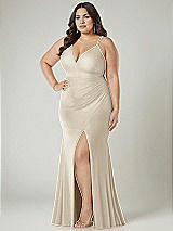 Alt View 1 Thumbnail - Champagne Deep V-Neck Stretch Satin Mermaid Dress with Slight Train