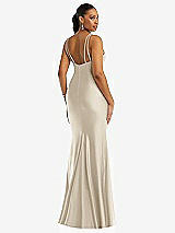 Rear View Thumbnail - Champagne Deep V-Neck Stretch Satin Mermaid Dress with Slight Train